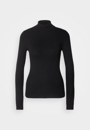 Pullover a collo alto nero realizzato in tessuto a maglia leggero. Presenta maniche lunghe, un design aderente e una morbida texture a costine.