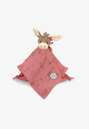 Weiche rosa Baumwoll-Decke mit einem Eselkopf, strukturierter Oberfläche und verspielten Tiermustern. Mit einem Etikett mit dem Markenlogo.