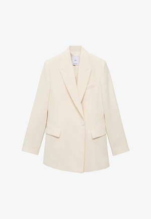 Cream tailored blazer with a single button closure, notch lapels, two front pockets, and a streamlined silhouette. Smooth, textured fabric.