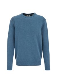 Suéter azul de punto con cuello redondo, mangas largas, tejido texturizado, puños y dobladillo acanalados, y un patrón sutil en toda la prenda.