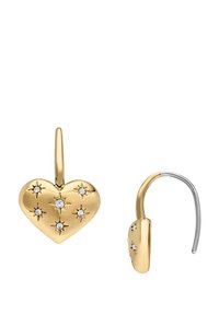 Goldene, herzförmige Ohrringe mit Sternakzenten, ausgestattet mit sechs kleinen Diamanten. Enthält einen silbernen Haken für einen sicheren Halt. Glatte, polierte Oberfläche.