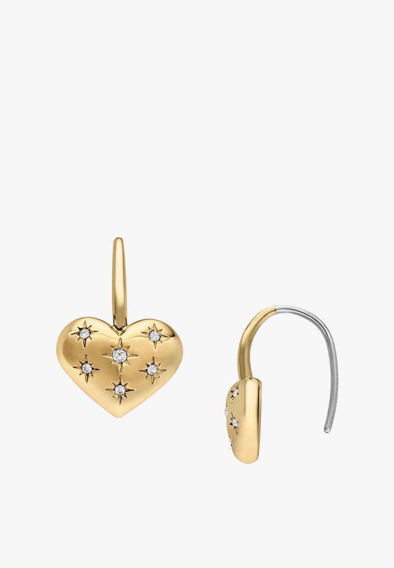 Guldøreringe i hjerteform med stjerneaccenter, der har seks små diamanter. Inkluderer en sølvkrog for sikker bæring. Glat, poleret overflade.