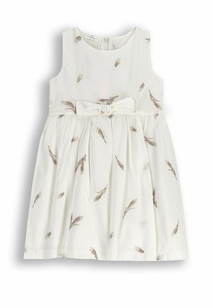 Biała sukienka bez rękawów z brązowym haftem w kształcie zboża, z marszczonym dołem i kokardą w talii. Wykonana z lekkiego materiału.