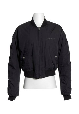 Veste bomber noire courte à fermeture éclair frontale, poches latérales à boutons, poignets et ourlet côtelés, avec un logo "MARANT" discret sur la poitrine.