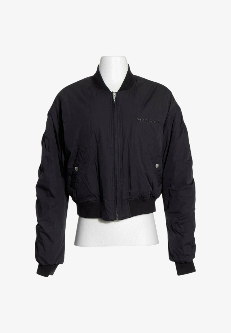 Veste bomber noire courte à fermeture éclair frontale, poches latérales à boutons, poignets et ourlet côtelés, avec un logo "MARANT" discret sur la poitrine.