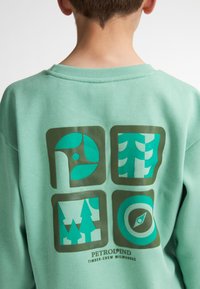 Sweatshirt vert menthe à col rond, arborant un design imprimé avec quatre graphiques carrés : des feuilles, des arbres et une boussole, avec des accents marron.