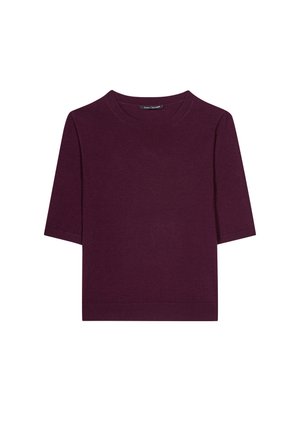 Short-sleeve sweater in deep maroon, made of soft knit fabric. Features a round neckline and ribbed cuffs and hem.