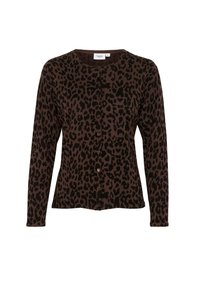 Brown leopard print cardigan with long sleeves, round neckline, and button closure. Soft texture with a fitted design and subtle sheen.