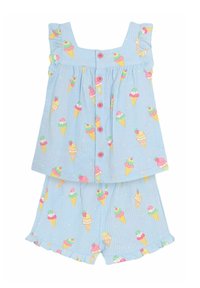 Lichtblauwe katoenen outfit met een mouwloze top met ruches op de schouders en bijpassende shorts, beide versierd met ijsje patroon.