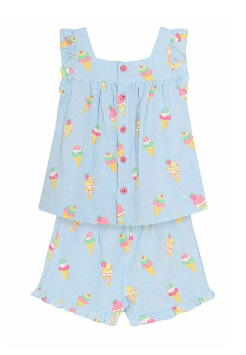 Lichtblauwe katoenen outfit met een mouwloze top met ruches op de schouders en bijpassende shorts, beide versierd met ijsje patroon.