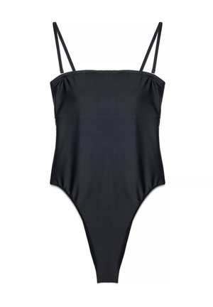 Melns viengabala peldkostīms ar plānām regulējamām plecu lencēm un taisnu izgriezumu pie kakla.