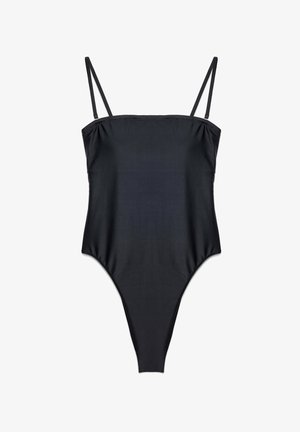 Sort badedragt i ét stykke med tynde justerbare skulderstropper og en lige halsudskæring.