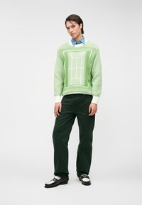 Pull en maille vert clair avec un design géométrique, associé à un pantalon vert foncé et des mocassins noir et blanc.