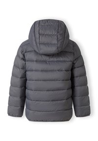 Gray puffer jacket with a hood, featuring horizontal quilted sections, elastic cuffs, and a smooth, shiny finish. Suitable for cold weather.