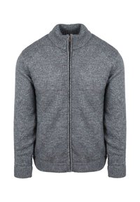 Grijze gebreide trui met hoge kraag, ritssluiting aan de voorkant en geribde boorden. Zachte textuur met een subtiel, gemengd patroon over het hele oppervlak.