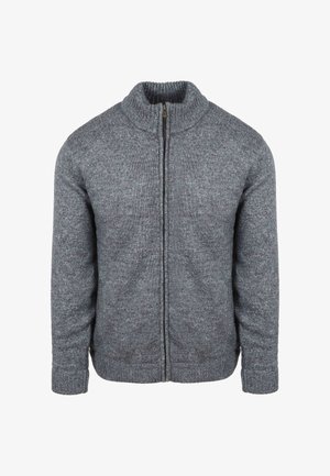 Grauer Strickpullover mit hohem Kragen, Frontreißverschluss und gerippten Bündchen. Weiche Textur mit einem dezenten, durchgehenden Muster.