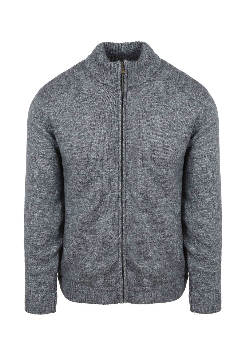 Grijze gebreide trui met hoge kraag, ritssluiting aan de voorkant en geribde boorden. Zachte textuur met een subtiel, gemengd patroon over het hele oppervlak.