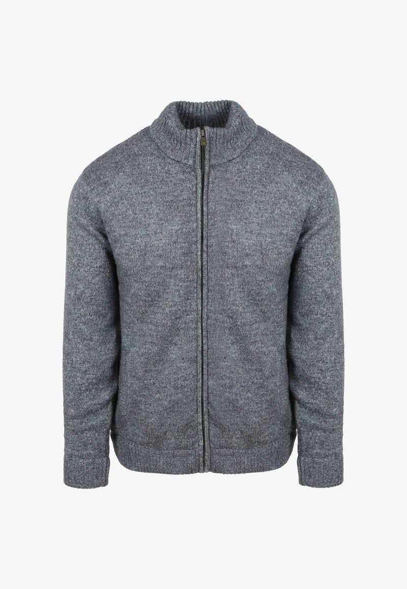 Grijze gebreide trui met hoge kraag, ritssluiting aan de voorkant en geribde boorden. Zachte textuur met een subtiel, gemengd patroon over het hele oppervlak.