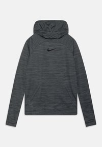 Sweat-shirt à capuche gris avec un motif texturé, poche kangourou et logo Nike noir sur la poitrine. Dispose de manches longues et d'une coupe décontractée.