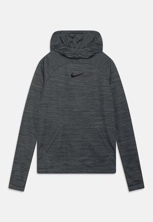 Sweat-shirt à capuche gris avec un motif texturé, poche kangourou et logo Nike noir sur la poitrine. Dispose de manches longues et d'une coupe décontractée.