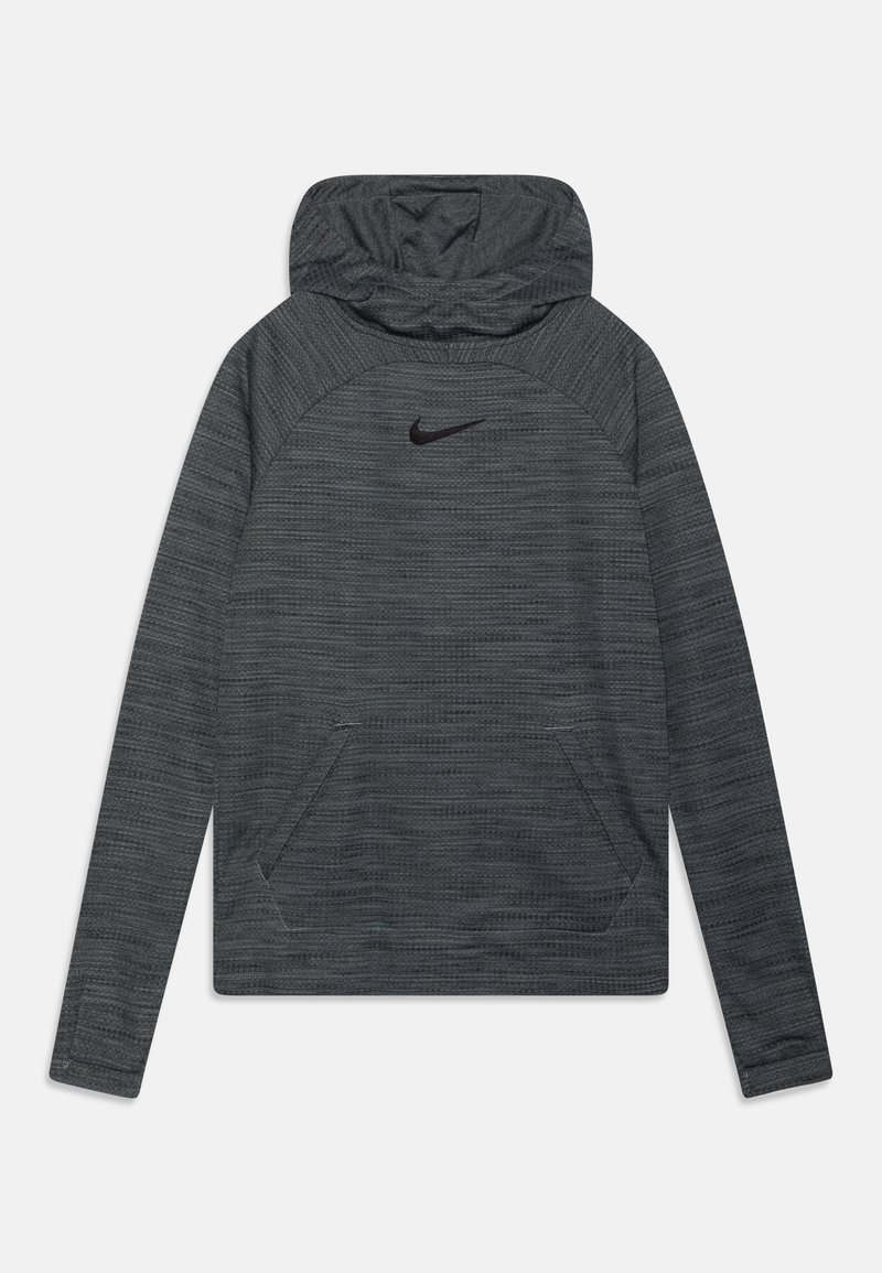 Sweat-shirt à capuche gris avec un motif texturé, poche kangourou et logo Nike noir sur la poitrine. Dispose de manches longues et d'une coupe décontractée.