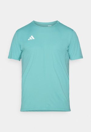 Light turquoise short-sleeve athletic t-shirt with round neck, featuring a white logo on the left shoulder and a smooth texture.
