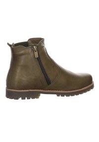 Olivgrüne Leder Stiefeletten mit seitlichem Reißverschluss, strukturiertem Finish und robustem Profil. Sie verfügen über ein minimalistisches Design und einen kontrastierenden braunen Rand.