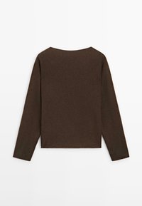 Pull marron à manches longues avec col rond et ourlet droit, présenté de dos sur fond blanc uni.