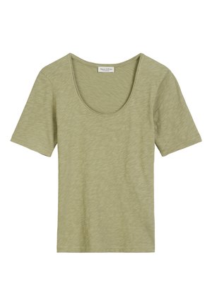 Olive green short-sleeve t-shirt with a scoop neckline, made of soft, textured fabric, featuring a relaxed fit and minimal stitching details.