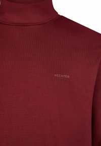 Burgundia värvi kõrge kaelusega sviiter pehme ribade tekstuuriga, millel on õrn logo "HECHTER" heledamas varjus. Vabaaja disain ja keha järgi sobiv vorm.