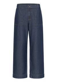 Pantalons en denim à jambes larges de couleur bleu foncé, avec une fermeture à bouton, des poches avant et des ourlets retroussés. Tissu texturé et robuste.