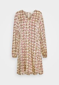 Robe longue à manches longues à motif floral avec des fleurs roses, brunes et jaunes sur un tissu crème, dotée de poignets élastiques et d'un décolleté en V avec fermeture éclair au dos.
