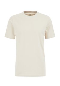 Tricou scurt cu mânecă scurtă, de culoare bej deschis, realizat din bumbac moale, cu guler rotund și o textură netedă, având cusături minime și fără modele.