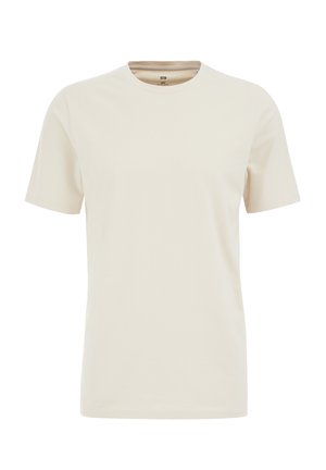 Svetlobežový krátky rukáv T-shirt vyrobený z mäkkej bavlny s okrúhlym výstrihom a hladkou textúrou, s minimálnymi švami a bez vzorov.