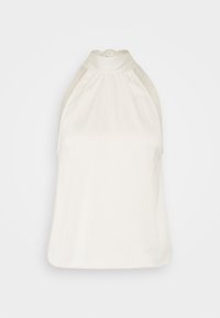 Top sans manches blanc avec un col haut et un détail de tissu froncé au niveau du buste. Texture lisse, matériau léger et coupe décontractée.