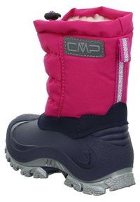 Roze geïsoleerde sneeuwlaars met een zachte voering, een gevoerde bovenkant en een donkerblauwe rubberen zool. Voorzien van een reflecterende strip en een logo patch.