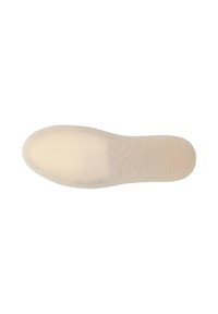 Sole of a shoe, made of translucent rubber with a textured surface. Features a herringbone pattern for traction and a rounded edge.