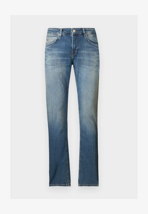 Blaue Jeans mit geradem Bein, leicht ausgewaschen an den Oberschenkeln, Fünf-Taschen-Design, Knopfverschluss und Gürtelschlaufen, flach auf weißem Hintergrund präsentiert.