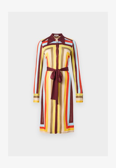 Φόρεμα με μακριά μανίκια και κουμπιά, με πολύχρωμες κάθετες ρίγες και γεωμετρικά σχέδια, φαρδιά γιακά και δεμένη υφασμάτινη ζώνη στη μέση.