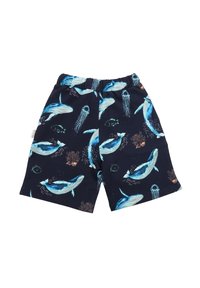 Marineblaues Schwimmshorts mit einem Muster von Meereslebewesen, darunter Wale, Quallen und Fische in Blautönen und Aqua. Elastischer Bund, leichtes Material.