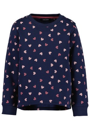 Marineblauwe longsleeve trui met kleine roze en bordeauxrode hartjespatronen, geribbelde manchetten en een ronde halslijn.