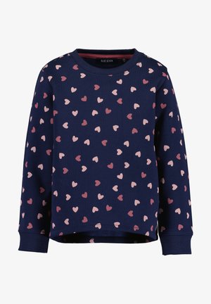 Sweat-shirt à manches longues bleu marine avec petits motifs de cœurs roses et bordeaux, poignets côtelés et encolure arrondie.