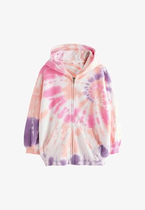 Zip-up hoodie with a tie-dye pattern featuring pink, purple, and white colors. Soft fabric with a hood and front pockets.