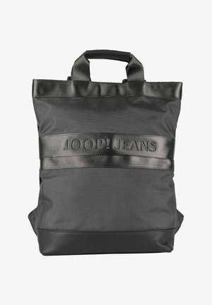 Borsa a tracolla nera in nylon texture con fondo liscio. Presenta due manici e una fascia con logo impresso al centro.