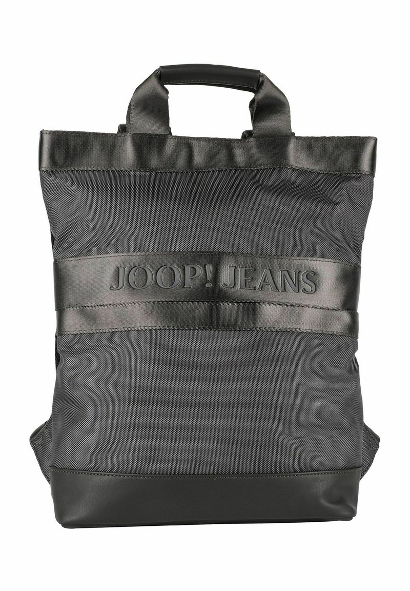 Borsa a tracolla nera in nylon texture con fondo liscio. Presenta due manici e una fascia con logo impresso al centro.