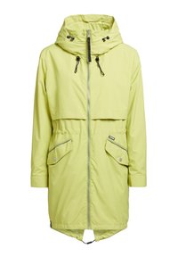 Ljusgul vattentät jacka med dragkedja framtill, huva med snörning, två sidofickor och en längre bakre fåll. Slät textur.