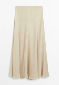 Gonna midi beige con un leggero motivo a spina di pesce, orlo svasato e superficie liscia, mostrata su uno sfondo bianco.