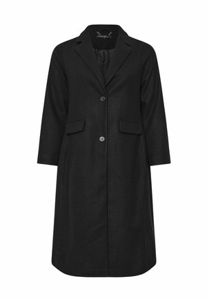 Abrigo negro de mujer hasta la rodilla con cuello de solapa, dos botones en la parte delantera y bolsillos con solapa, que cuenta con mangas largas y un forro interior suave.