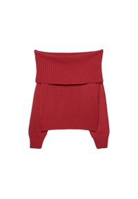 Pull rouge tricoté à épaules dénudées avec un large col à revers en côtes et des manches longues, présenté sur un fond blanc.