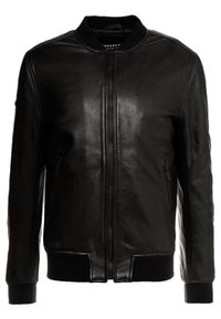 Black leather bomber jacket with a front zipper, ribbed collar and cuffs, and two side zippered pockets. Smooth texture and fitted design.